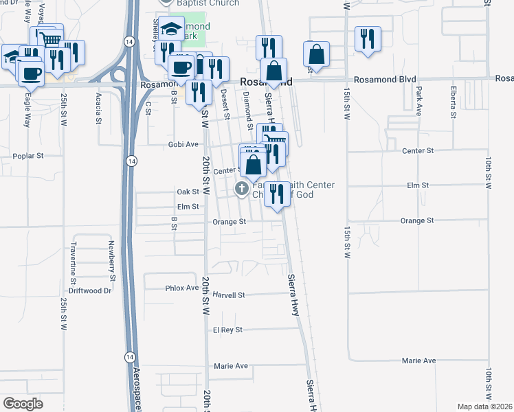 map of restaurants, bars, coffee shops, grocery stores, and more near 2565 Diamond Street in Rosamond
