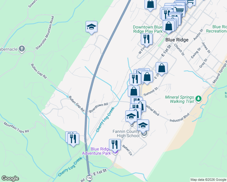 map of restaurants, bars, coffee shops, grocery stores, and more near 147 Doxol Street in Blue Ridge