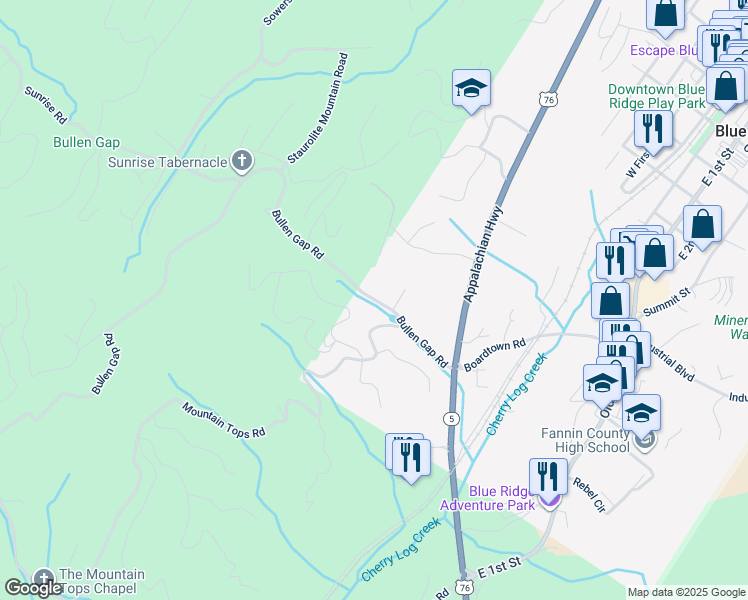 map of restaurants, bars, coffee shops, grocery stores, and more near Bullen Gap Road in Blue Ridge