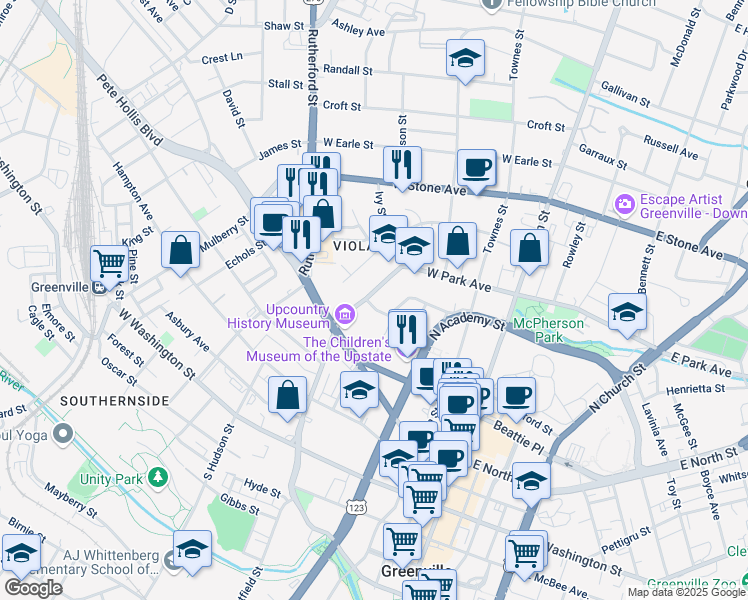 map of restaurants, bars, coffee shops, grocery stores, and more near 21 Atwood Street in Greenville