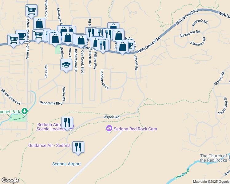 map of restaurants, bars, coffee shops, grocery stores, and more near 370 Saddlerock Circle in Sedona