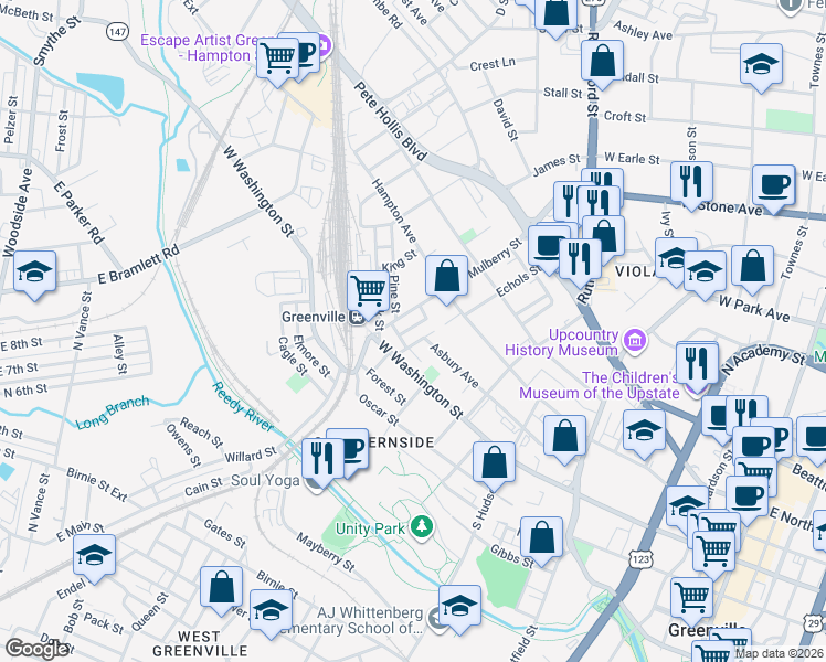 map of restaurants, bars, coffee shops, grocery stores, and more near 10 Richard Street in Greenville
