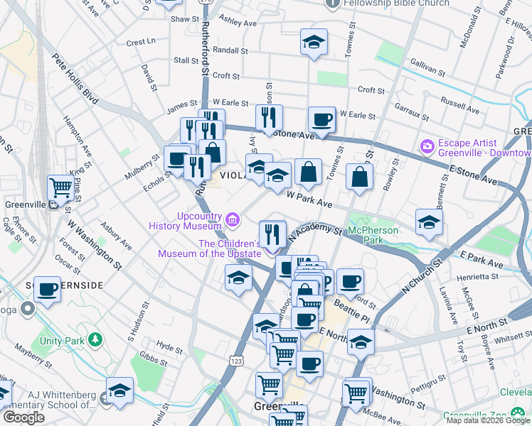 map of restaurants, bars, coffee shops, grocery stores, and more near 112 Atwood Street in Greenville