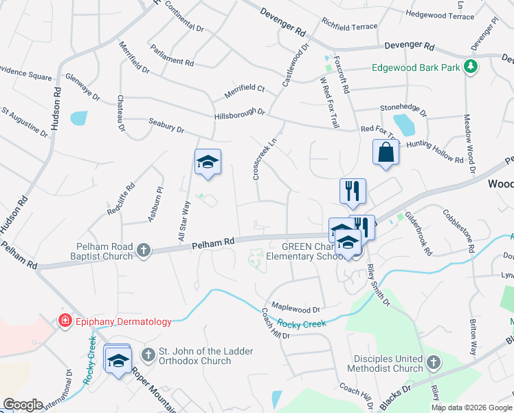 map of restaurants, bars, coffee shops, grocery stores, and more near 4962 Crosscreek Lane in Greenville