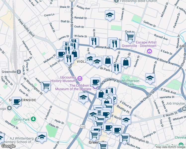 map of restaurants, bars, coffee shops, grocery stores, and more near 112 Atwood Street in Greenville