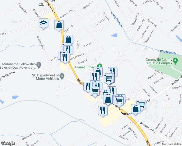 map of restaurants, bars, coffee shops, grocery stores, and more near 100 Ashe Drive in Greenville