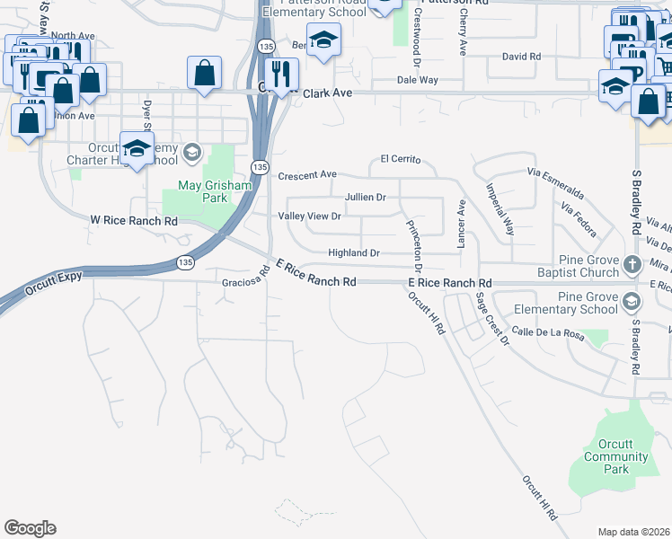 map of restaurants, bars, coffee shops, grocery stores, and more near 300 Highland Drive in Santa Maria