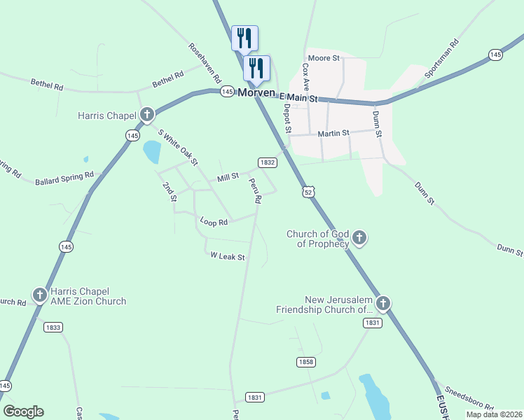map of restaurants, bars, coffee shops, grocery stores, and more near 406-/402 Peru Road in Morven