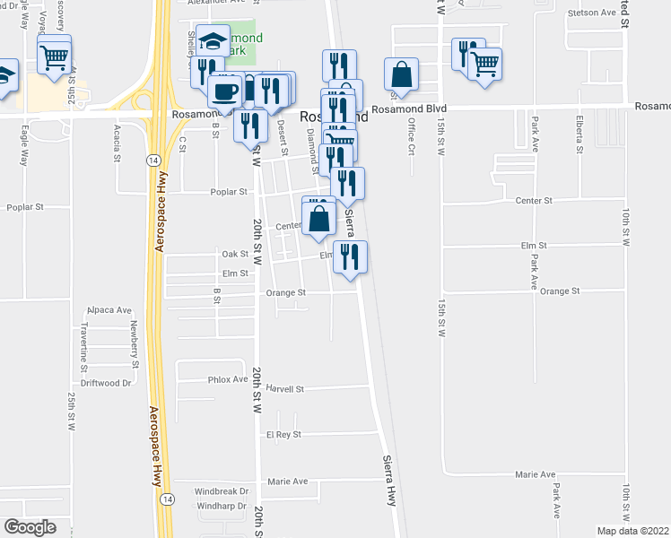 map of restaurants, bars, coffee shops, grocery stores, and more near 2540 Diamond Street in Rosamond