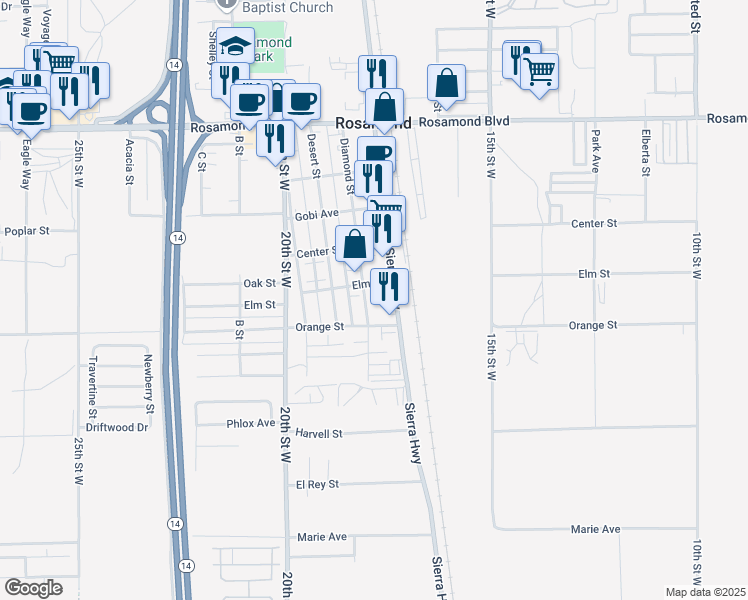 map of restaurants, bars, coffee shops, grocery stores, and more near 2540 Diamond Street in Rosamond