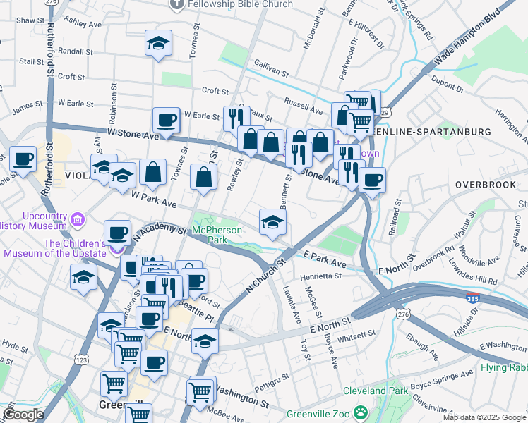 map of restaurants, bars, coffee shops, grocery stores, and more near 10 Poinsett Avenue in Greenville