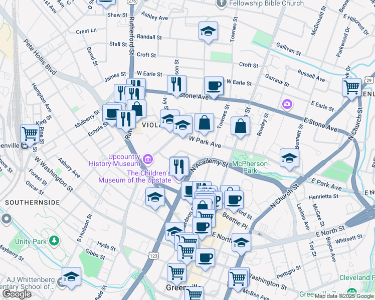 map of restaurants, bars, coffee shops, grocery stores, and more near 205 West Park Avenue in Greenville