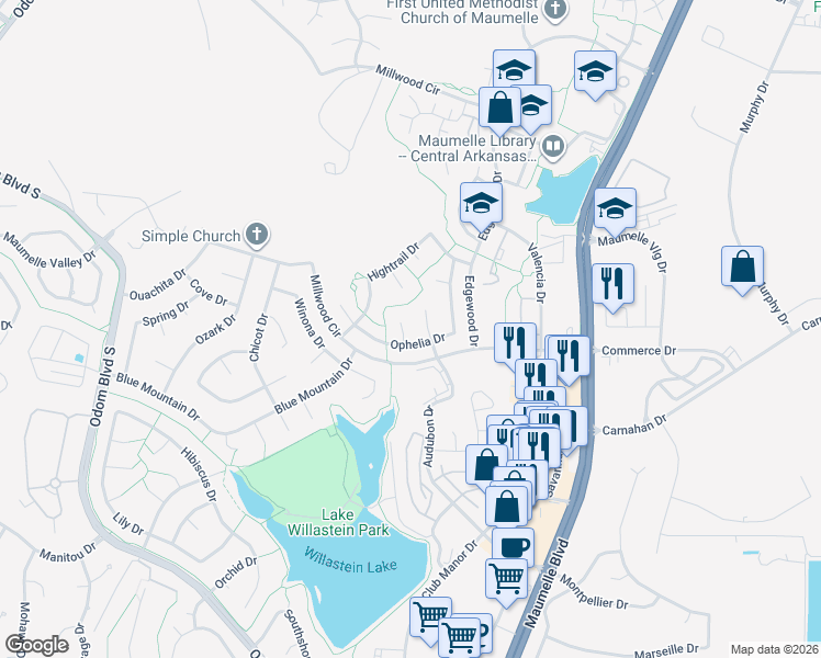 map of restaurants, bars, coffee shops, grocery stores, and more near 7 Christy Lane in Maumelle