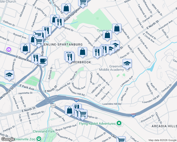 map of restaurants, bars, coffee shops, grocery stores, and more near 315 Overbrook Road in Greenville