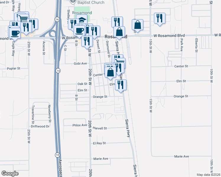 map of restaurants, bars, coffee shops, grocery stores, and more near 2565 Diamond Street in Rosamond