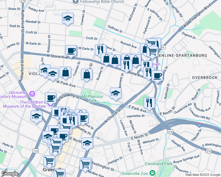 map of restaurants, bars, coffee shops, grocery stores, and more near 14 Vannoy Street in Greenville