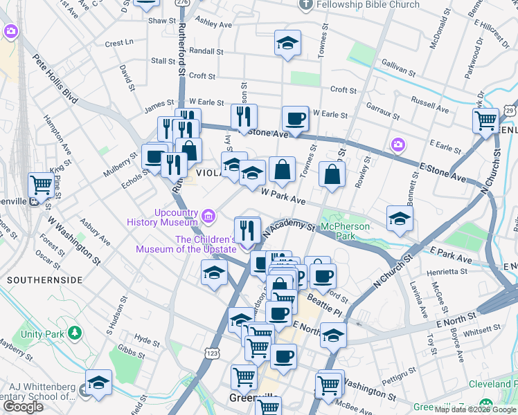 map of restaurants, bars, coffee shops, grocery stores, and more near 205 West Park Avenue in Greenville