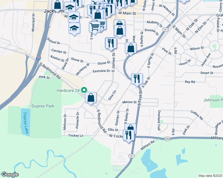 map of restaurants, bars, coffee shops, grocery stores, and more near 1005 South James Street in Jacksonville