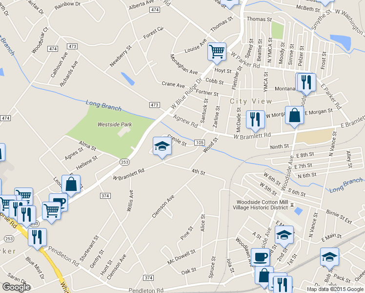 map of restaurants, bars, coffee shops, grocery stores, and more near 106 Creole Street in Greenville