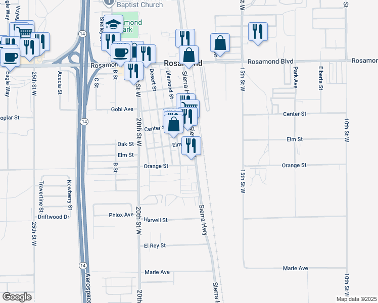 map of restaurants, bars, coffee shops, grocery stores, and more near 2561 Sierra Highway in Rosamond