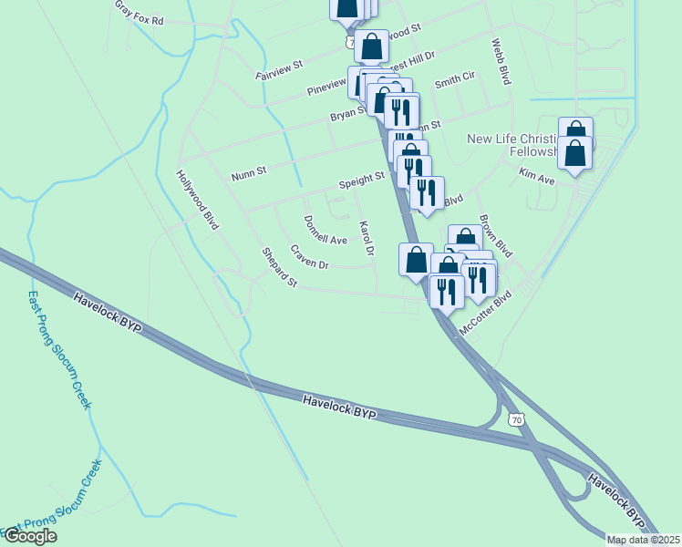 map of restaurants, bars, coffee shops, grocery stores, and more near 115 Craven Drive in Havelock