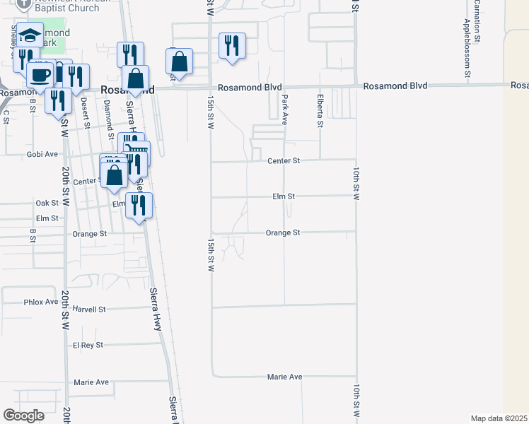 map of restaurants, bars, coffee shops, grocery stores, and more near Orange Street in Rosamond