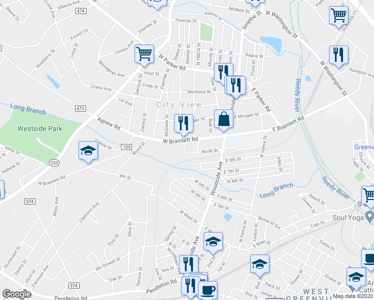 map of restaurants, bars, coffee shops, grocery stores, and more near 1005 West Bramlett Road in Greenville
