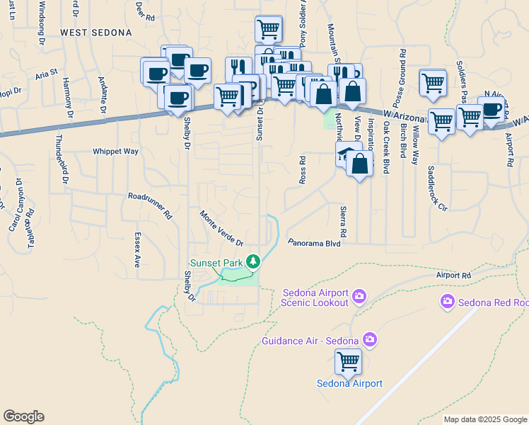 map of restaurants, bars, coffee shops, grocery stores, and more near 81 Morning Sun Drive in Sedona