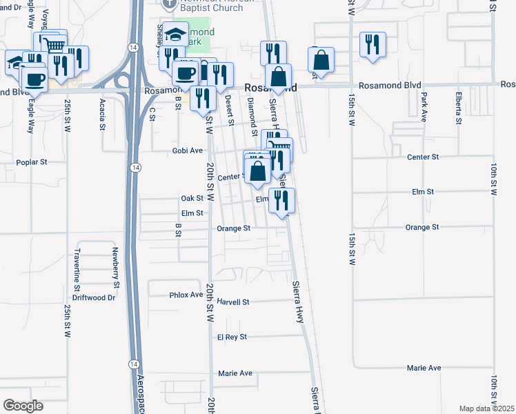 map of restaurants, bars, coffee shops, grocery stores, and more near 2565 Diamond Street in Rosamond