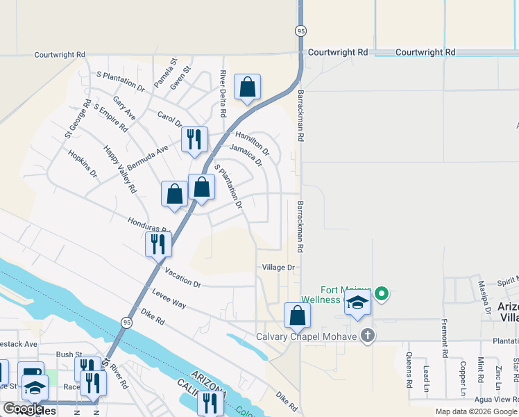 map of restaurants, bars, coffee shops, grocery stores, and more near 10263 Jamaica Dr in Mohave Valley