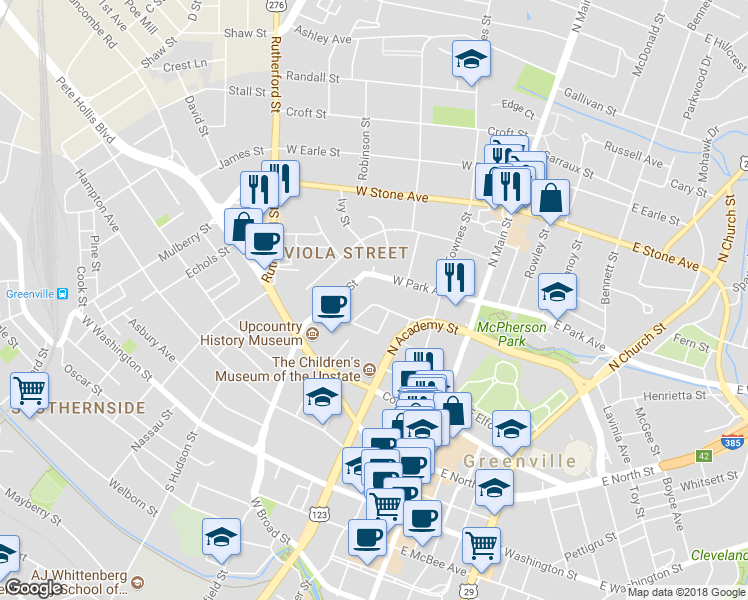 map of restaurants, bars, coffee shops, grocery stores, and more near 205 West Park Avenue in Greenville