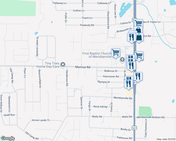 map of restaurants, bars, coffee shops, grocery stores, and more near 318 Monroe Road in Meridianville