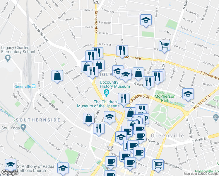 map of restaurants, bars, coffee shops, grocery stores, and more near 21 Atwood Street in Greenville