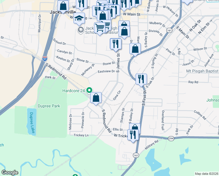 map of restaurants, bars, coffee shops, grocery stores, and more near 1005 South James Street in Jacksonville