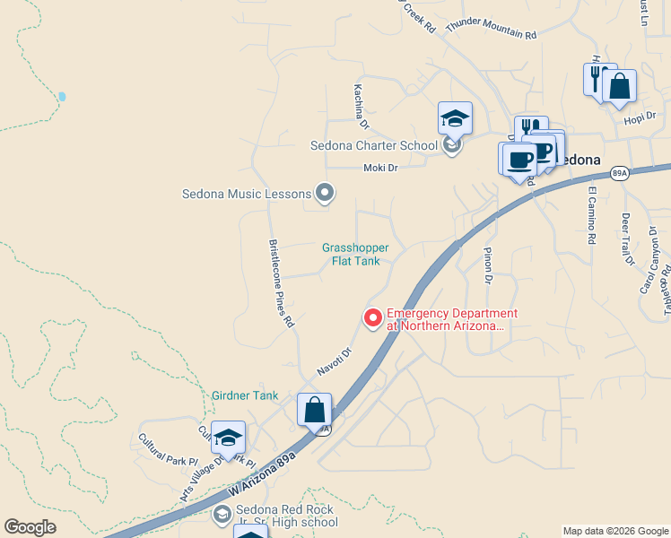 map of restaurants, bars, coffee shops, grocery stores, and more near 70 Ruby Drive in Sedona