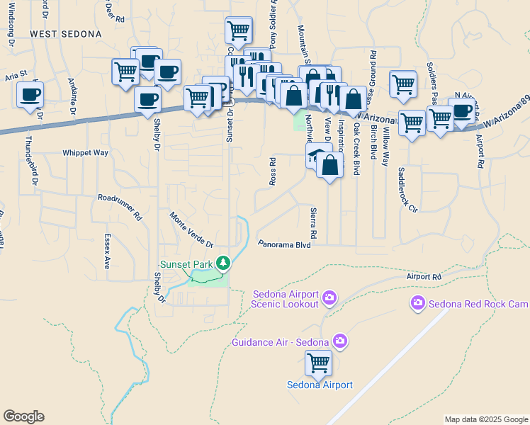map of restaurants, bars, coffee shops, grocery stores, and more near 410 Northview Road in Sedona
