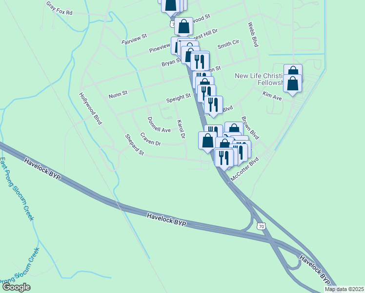 map of restaurants, bars, coffee shops, grocery stores, and more near 107 Craven Drive in Havelock