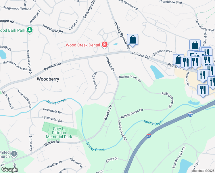 map of restaurants, bars, coffee shops, grocery stores, and more near 302 Hunters Trail in Greenville