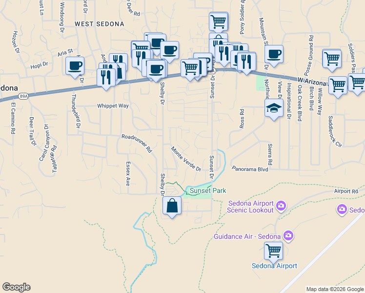 map of restaurants, bars, coffee shops, grocery stores, and more near 24 Desert Willow Lane in Sedona