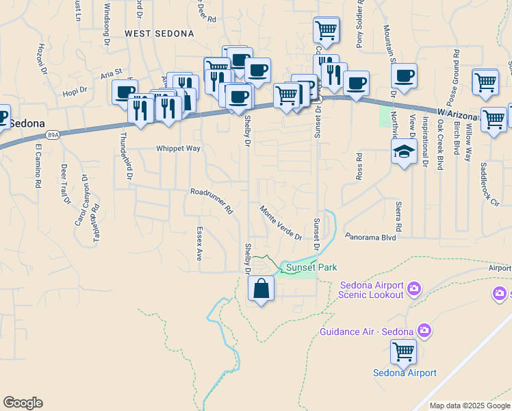map of restaurants, bars, coffee shops, grocery stores, and more near 301 Monte Verde Drive in Sedona