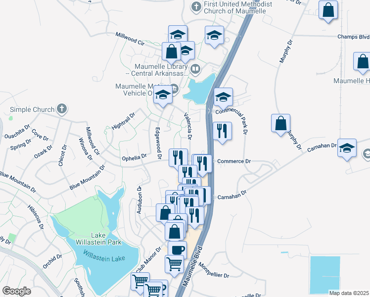 map of restaurants, bars, coffee shops, grocery stores, and more near 200 Millwood Circle in Maumelle
