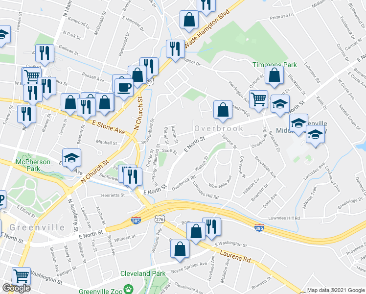 map of restaurants, bars, coffee shops, grocery stores, and more near 1407 East North Street in Greenville