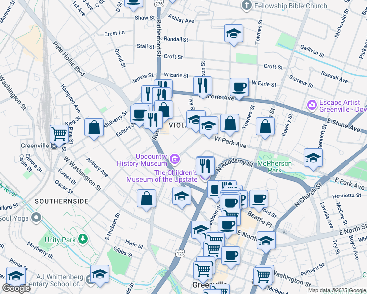 map of restaurants, bars, coffee shops, grocery stores, and more near 21 Atwood Street in Greenville
