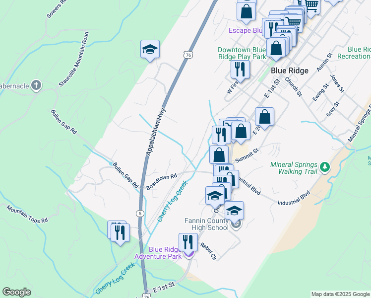 map of restaurants, bars, coffee shops, grocery stores, and more near 147 Doxol Street in Blue Ridge