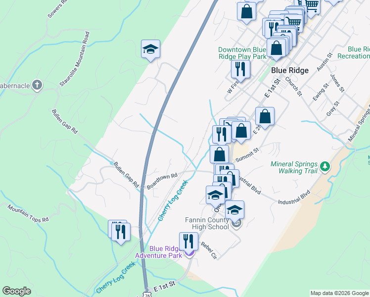 map of restaurants, bars, coffee shops, grocery stores, and more near 147 Doxol Street in Blue Ridge