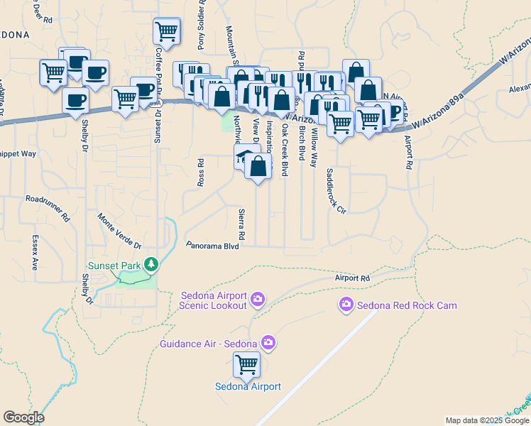 map of restaurants, bars, coffee shops, grocery stores, and more near 325 Inspirational Dr in Sedona