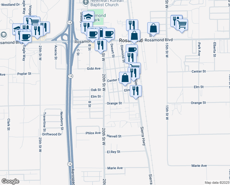 map of restaurants, bars, coffee shops, grocery stores, and more near 1920 Elm Street in Rosamond