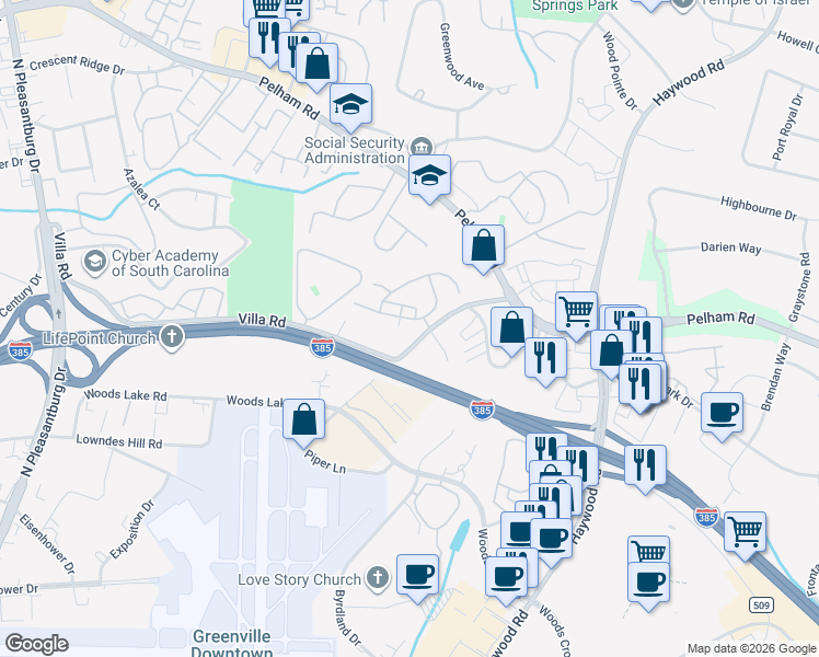 map of restaurants, bars, coffee shops, grocery stores, and more near 7 Rivoli Lane in Greenville
