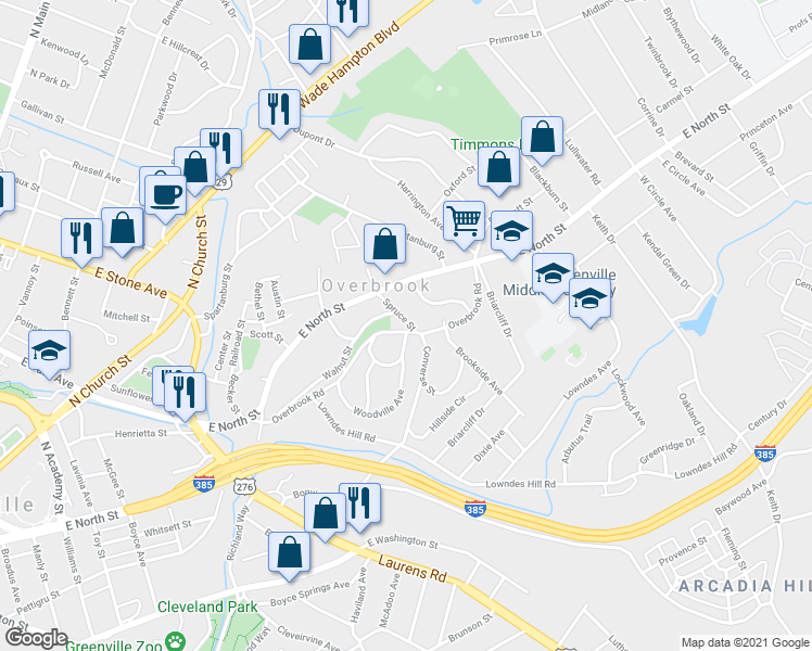 map of restaurants, bars, coffee shops, grocery stores, and more near 315 Overbrook Road in Greenville