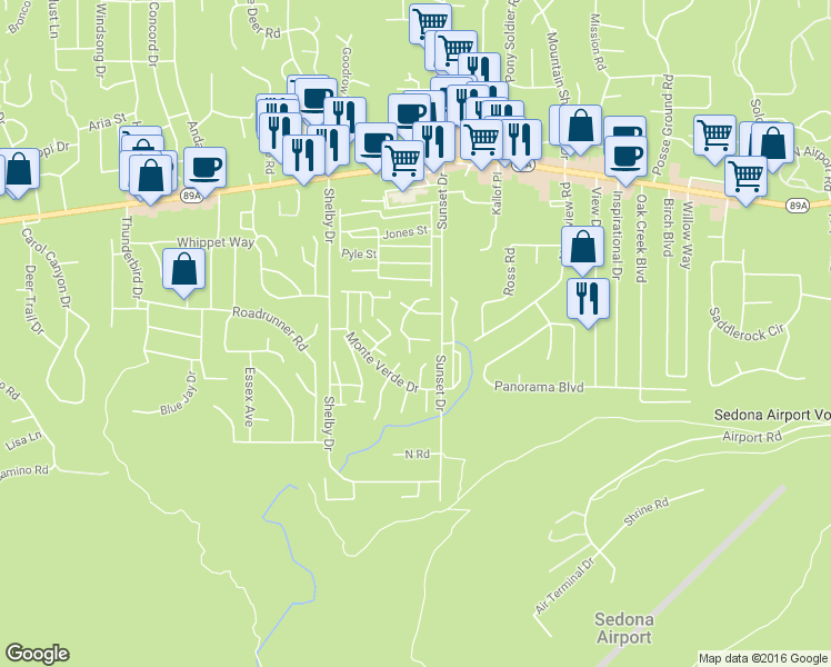 map of restaurants, bars, coffee shops, grocery stores, and more near 125 Camino Del Sol in Sedona